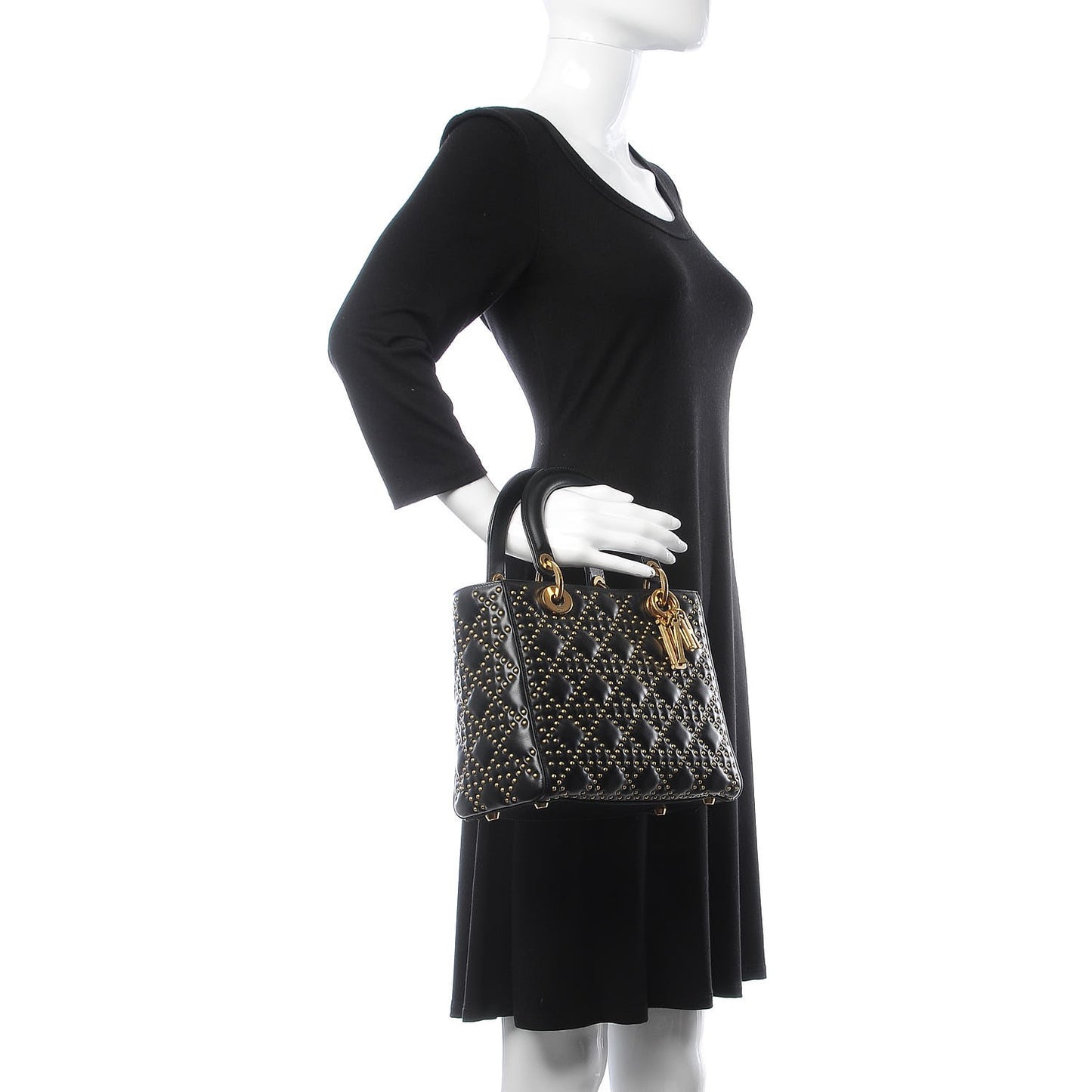 Calfskin Cannage Studded Medium Supple Lady Dior Black