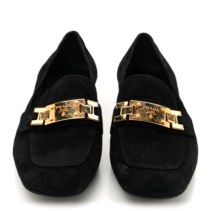 Prada Suede Metal Plate Logo Loafers 37.5 Black 2 of 12