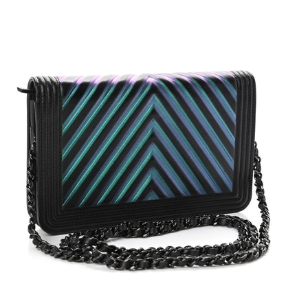 Chanel Calfskin Painted Chevron Embossed Boy Wallet On Chain WOC Black 2 of 4