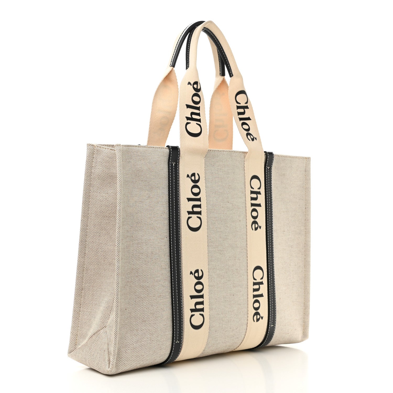 Chloe Cotton Calfskin Large Woody Ribbon Tote White Black 2 of 10