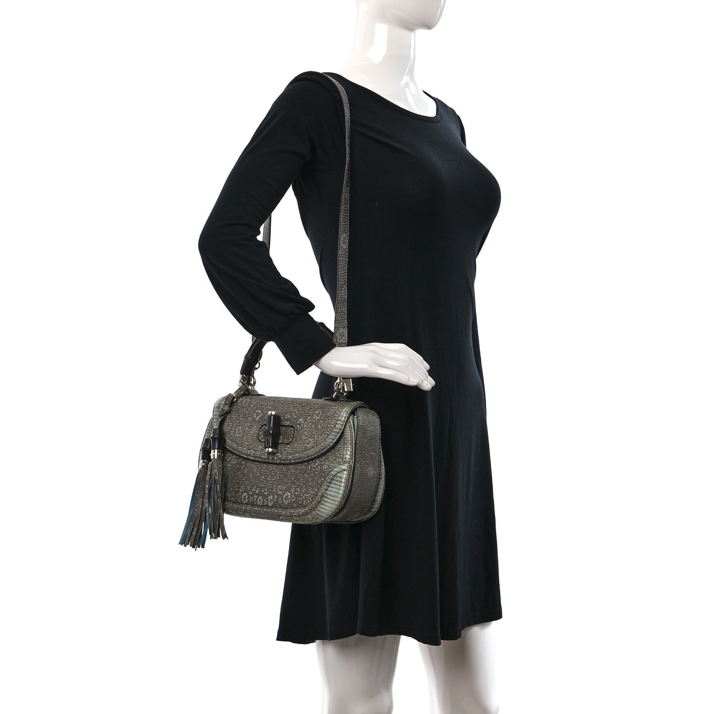 Calfskin Lizard Embossed Medium New Bamboo Top Handle Bag Blue