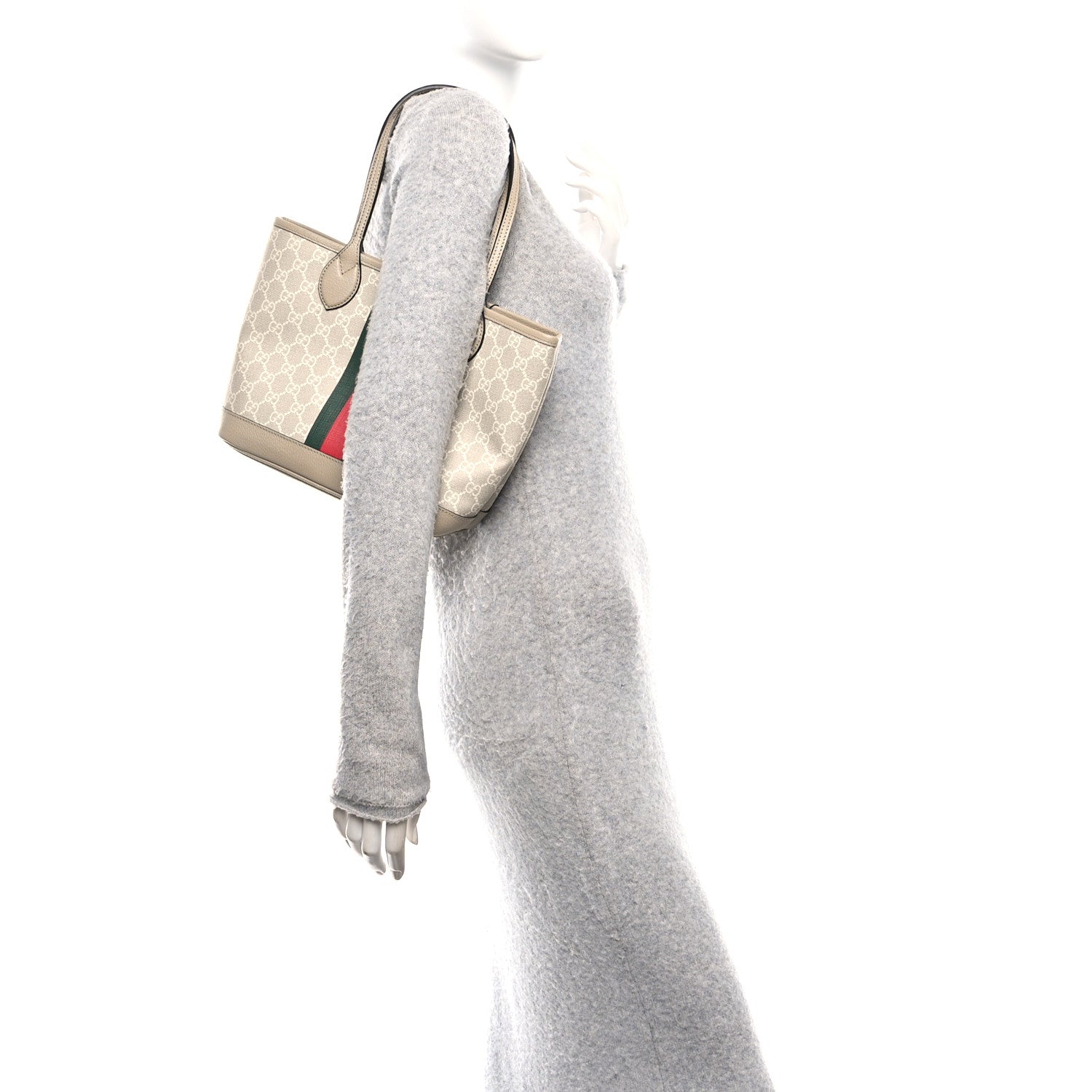 Gucci GG Supreme Monogram Textured Dollar Calfskin Web Small Ophidia Tote Beige Mystic White Oatmeal 2 of 10