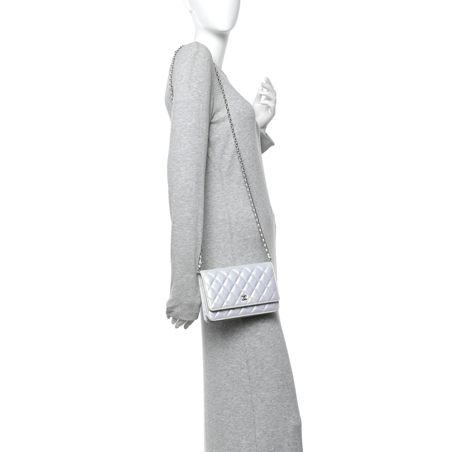 Iridescent Calfskin Quilted Wallet On Chain WOC Light Blue