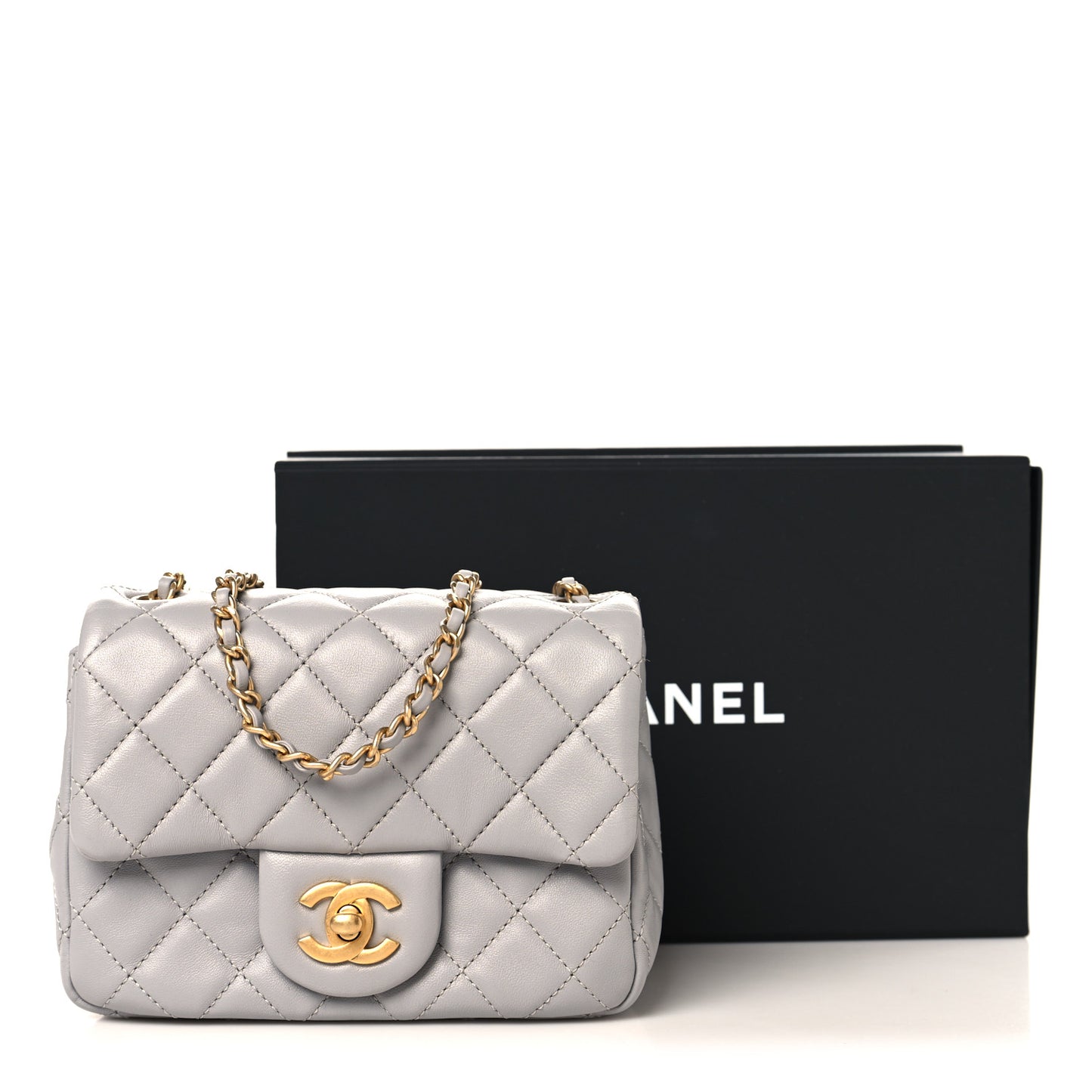 Lambskin Quilted Mini Pearl Crush Flap Light Grey