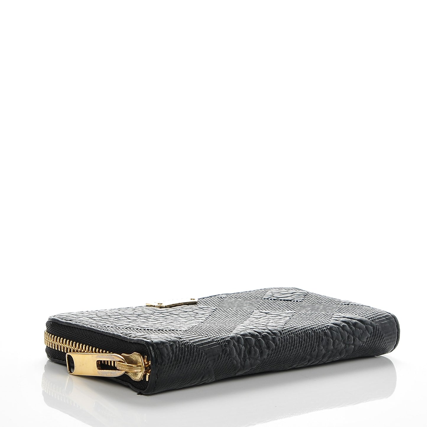 Grainy Calfskin Check Embossed Elmore Zip Around Wallet Black