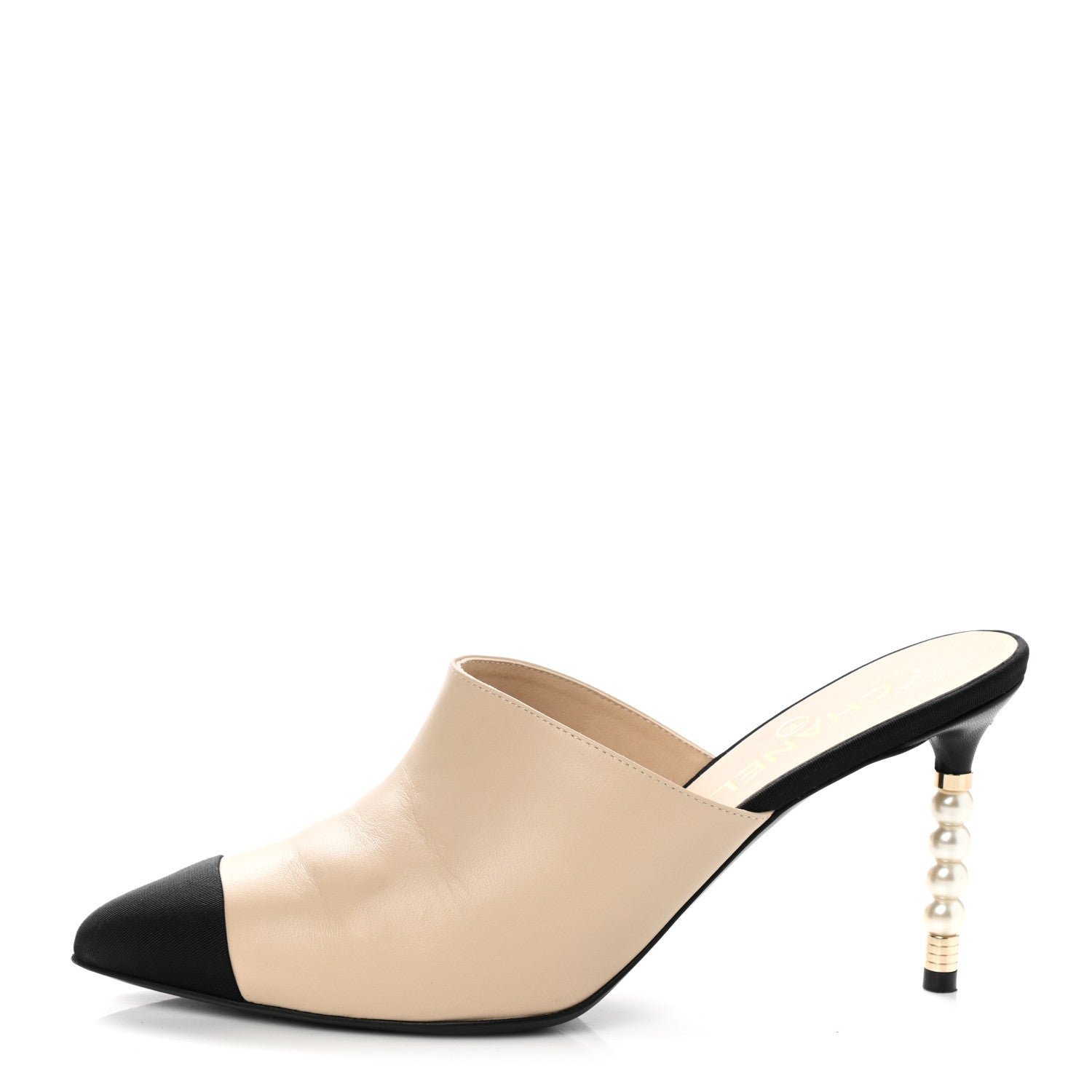 Chanel Lambskin Grosgrain Cap Toe Pearl Mule 40 Beige Black 1 of 9