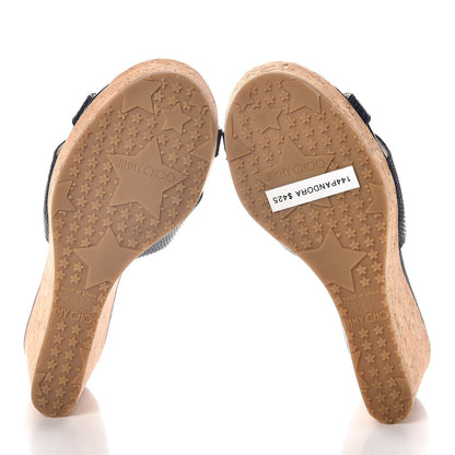 Jimmy Choo Snake Print Calfskin Embossed Cork Pandora Wedges 35.5 Navy 7 of 11