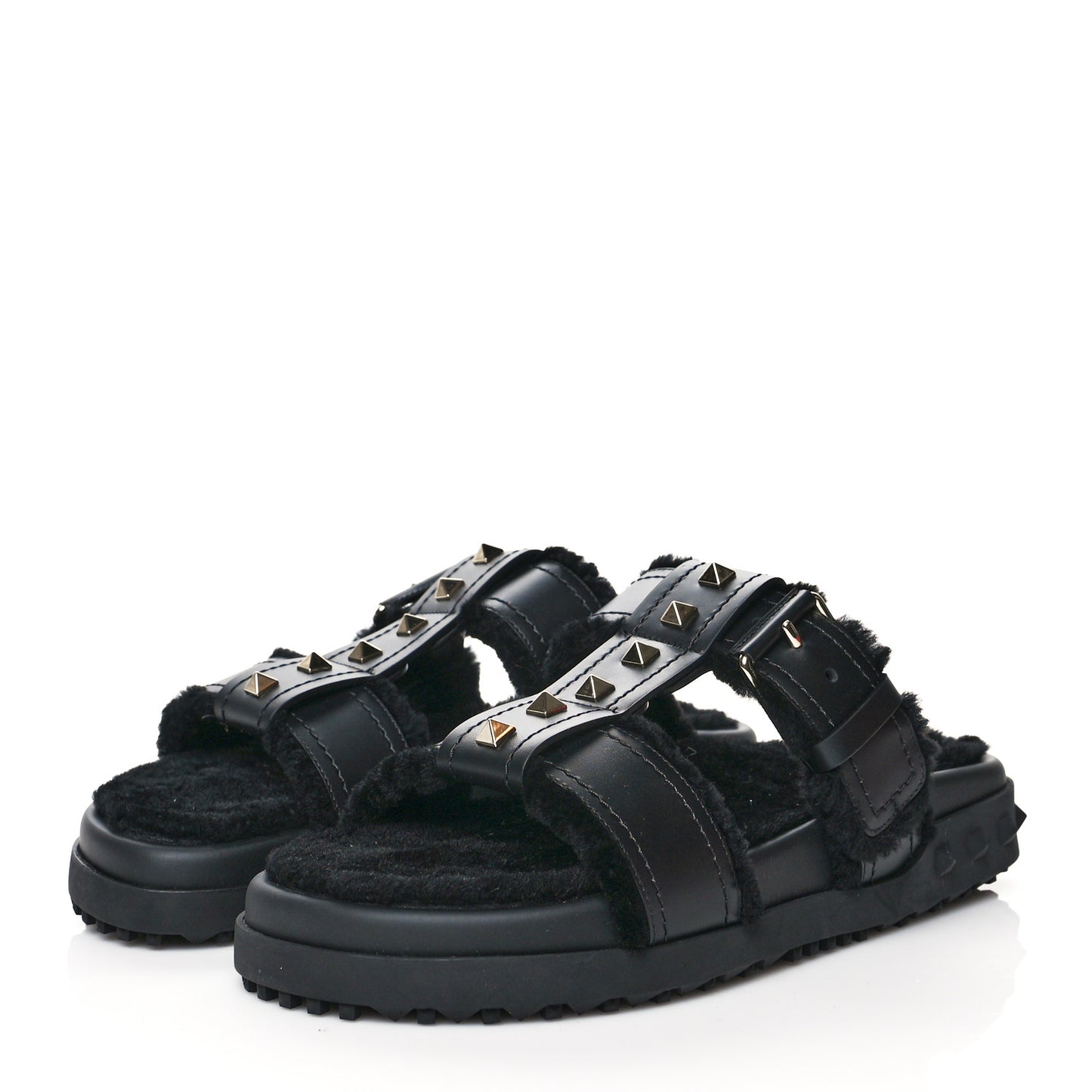 Shearling Rockstud Slide Sandals 37 Black
