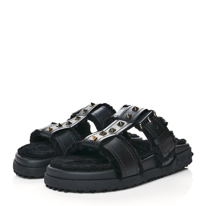 Valentino Garavani Shearling Rockstud Slide Sandals 37 Black 3 of 8