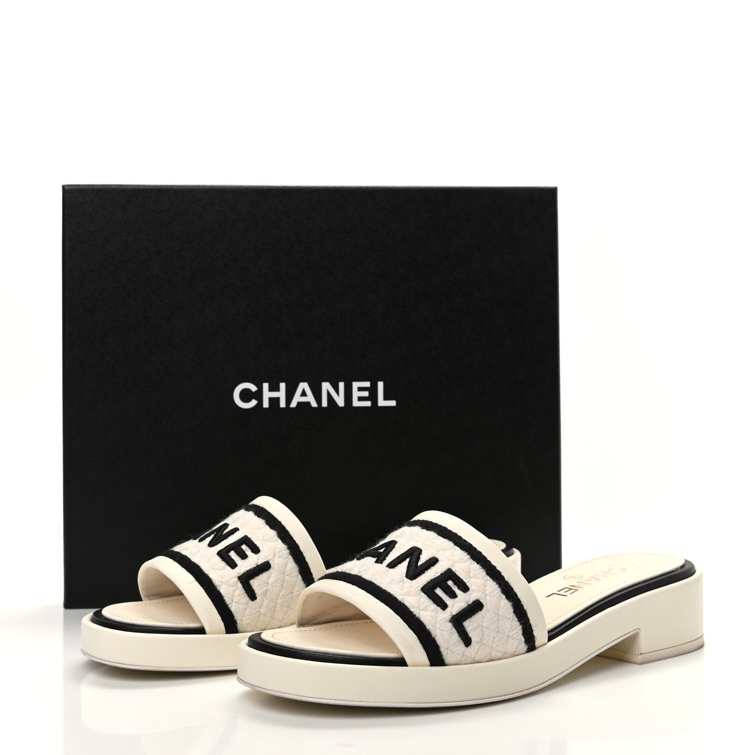 Chanel Lambskin Embroidered Logo Mules 39 Ivory Black 8 of 8