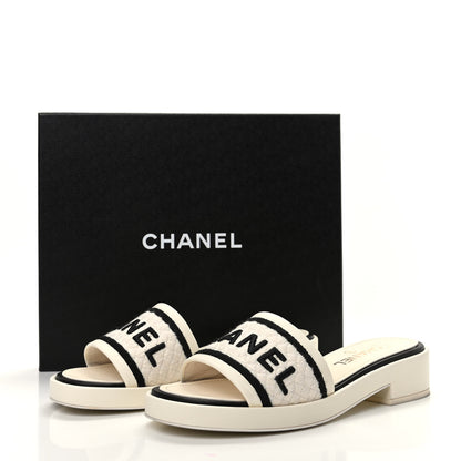 Chanel Lambskin Embroidered Logo Mules 39 Ivory Black 8 of 8