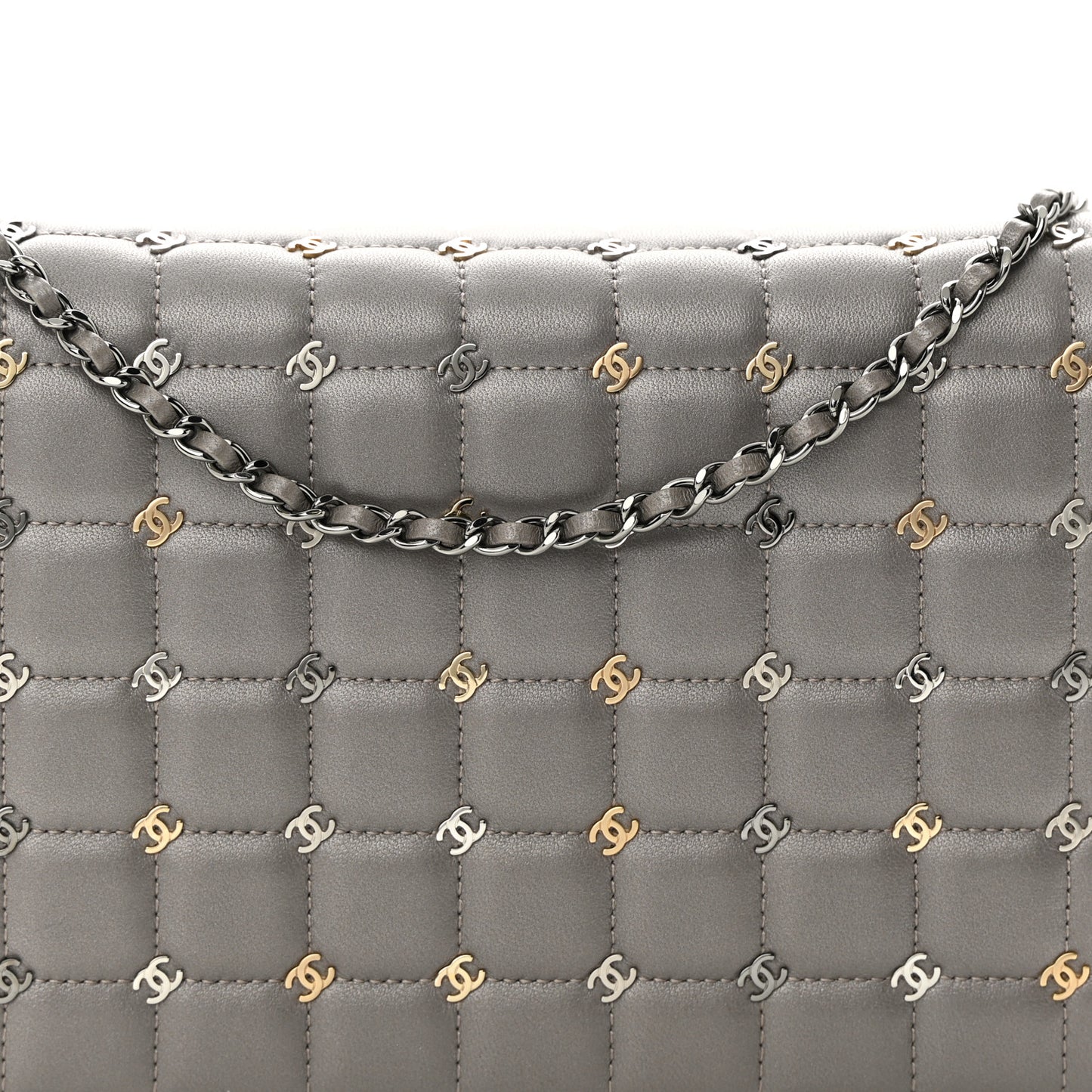 Lambskin Chocolate Bar Piercing CC Studded Small Chain Flap Bag Grey