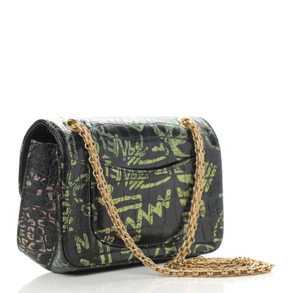 Chanel Calfskin Crocodile Embossed Graffiti 2.55 Mini Cocodile Reissue Flap Black Gold 3 of 13