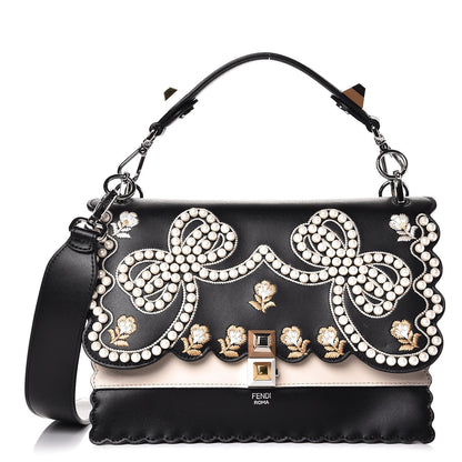 Fendi Vitello Liberty Pearl Bi-Color Flowers and Bows Scalloped Studded Kan I Shoulder Bag Black Camelia 1 of 11