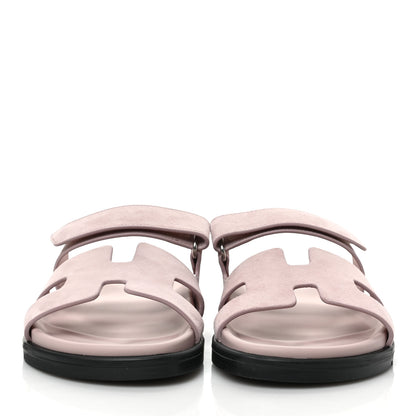 Hermes Suede Goatskin Womens Chypre Sandals 37.5 Rose Porcelaine 2 of 9
