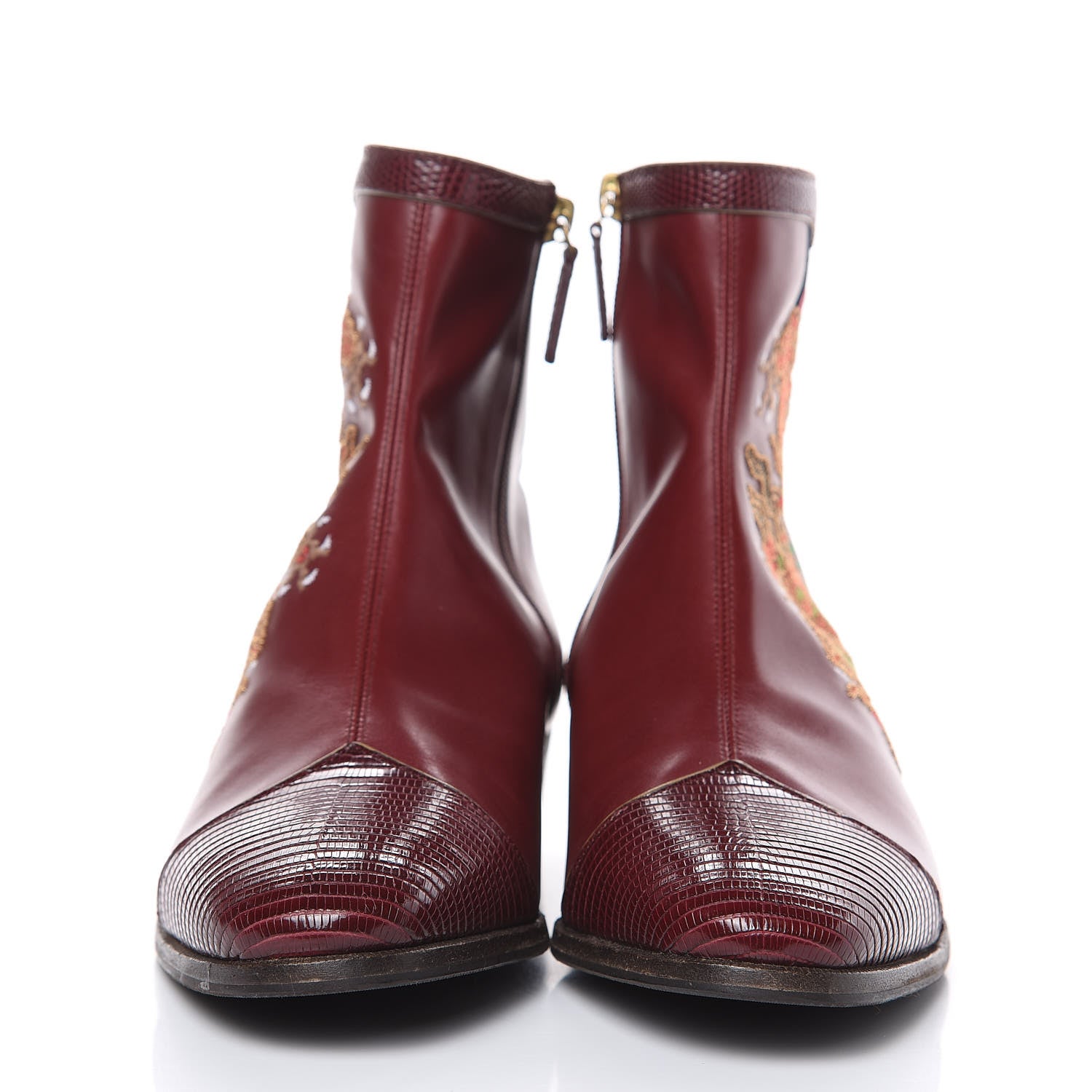 Gucci Calfskin Malaga Kid Lizard Web Dragon Embroidered Ankle Boots 38.5 Burgundy 2 of 10