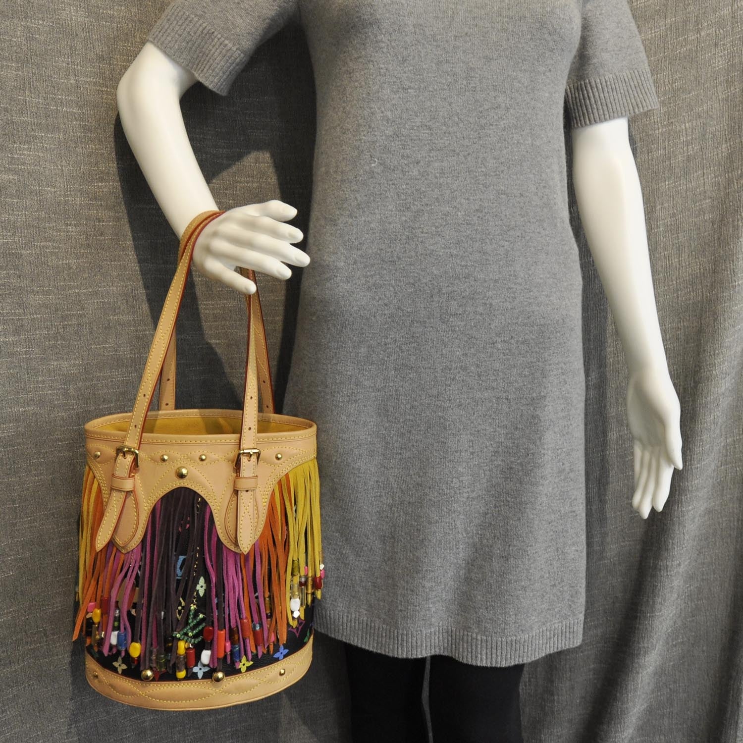 Louis Vuitton Monogram Multicolor Fringe Bucket Black 3 of 11