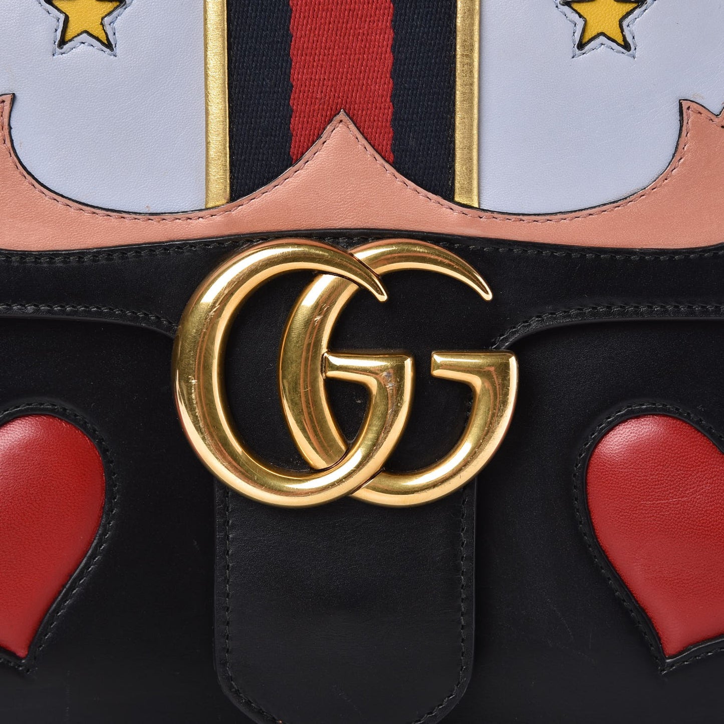 Calfskin Web Heart Medium GG Marmont Chain Handle Bag Black
