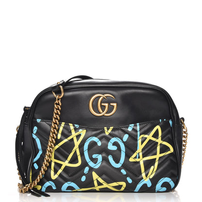Gucci Calfskin Matelasse GucciGhost Medium GG Marmont Chain Shoulder Bag Black New Acquamarine 1 of 8