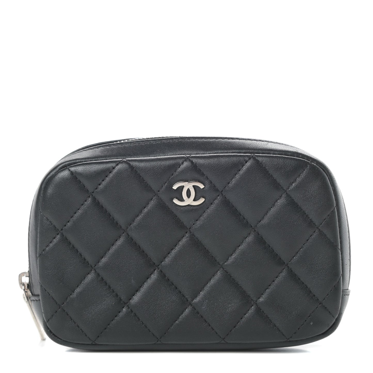 Lambskin Quilted Small Curvy Pouch Cosmetic Case Black