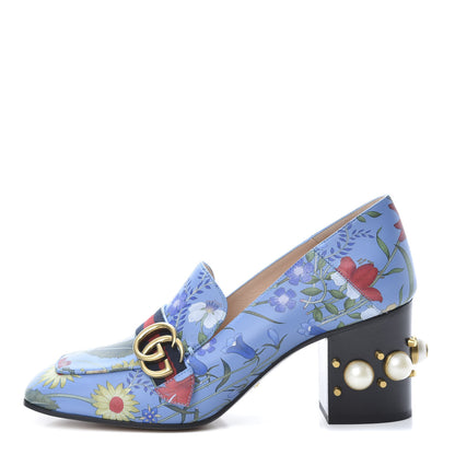 Gucci Apollo Calfskin Web Pearl New Flora Peyton 75mm Loafer Pumps 41 Azure 1 of 8