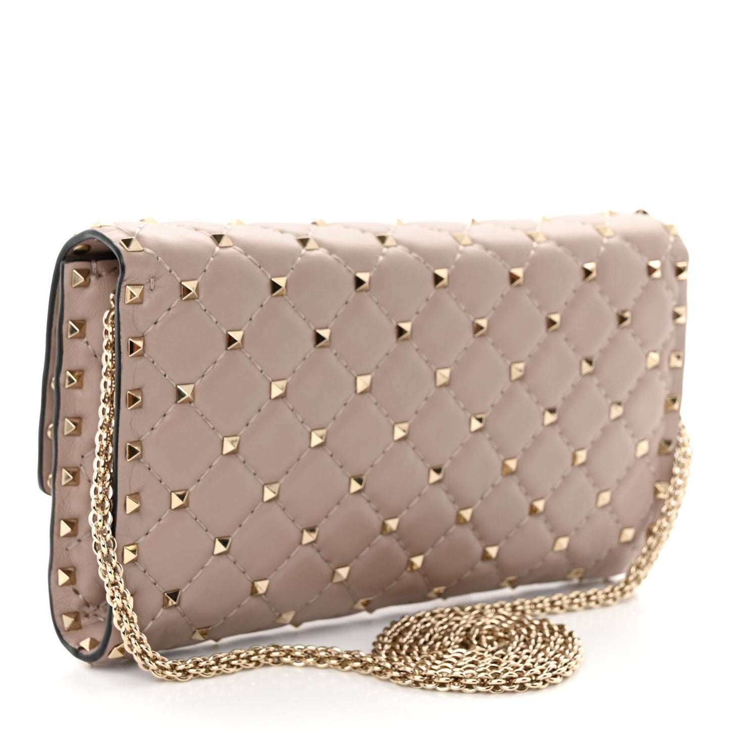 Lambskin Rockstud Spike Wallet on Chain Poudre