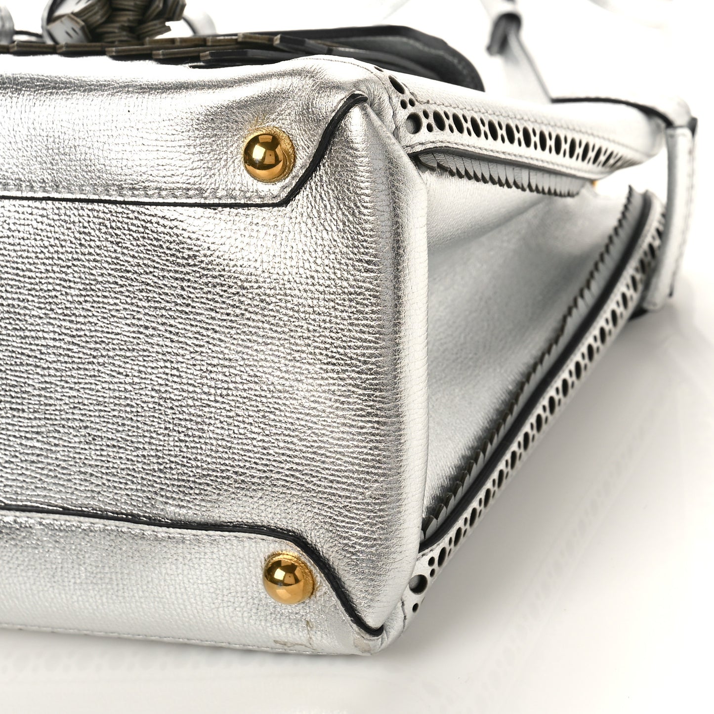 Metallic Calfskin Broguing Medium Banner Tote Silver