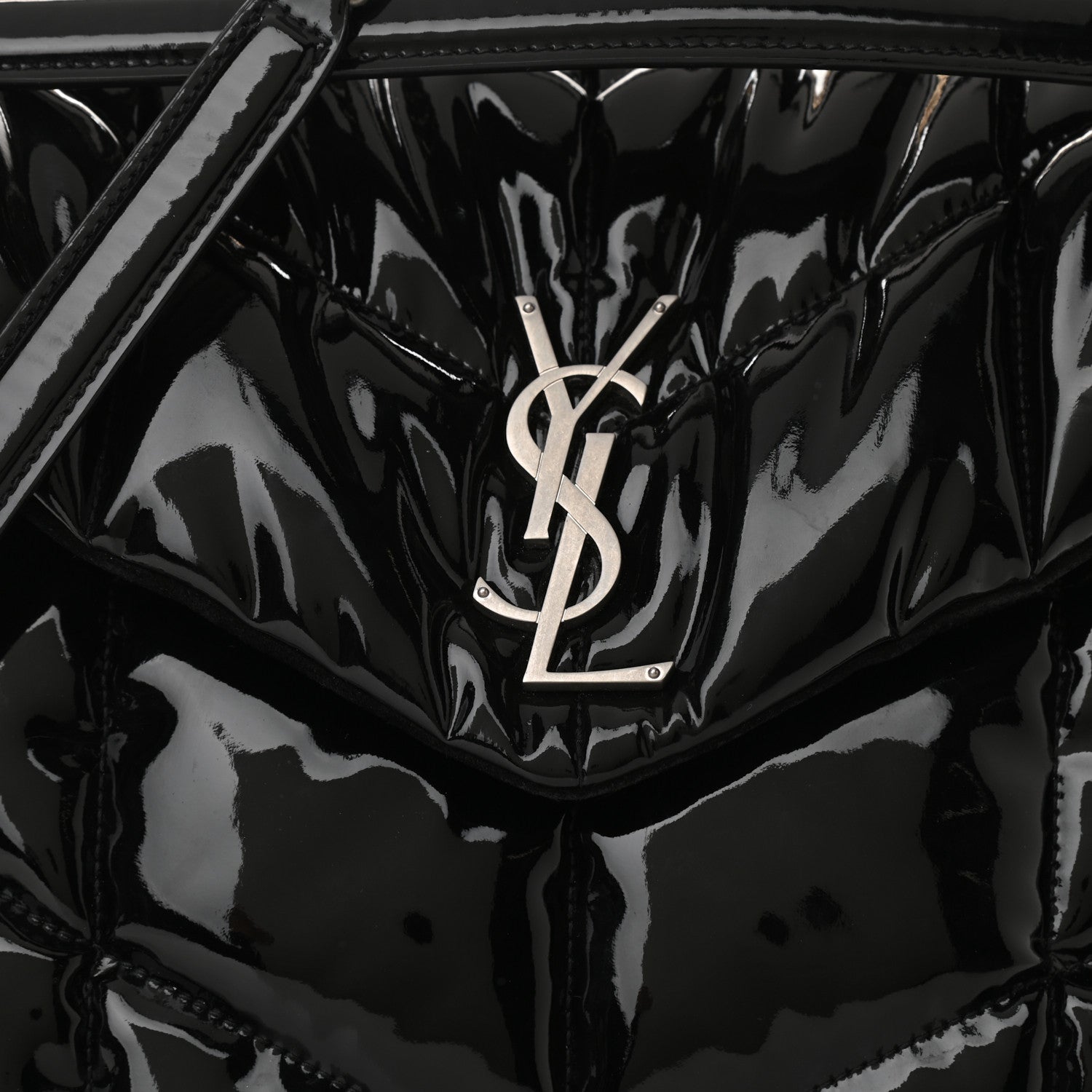 Saint Laurent Patent Lambskin Quilted Medium Loulou Puffer Monogram Chain Satchel Black 7 of 9