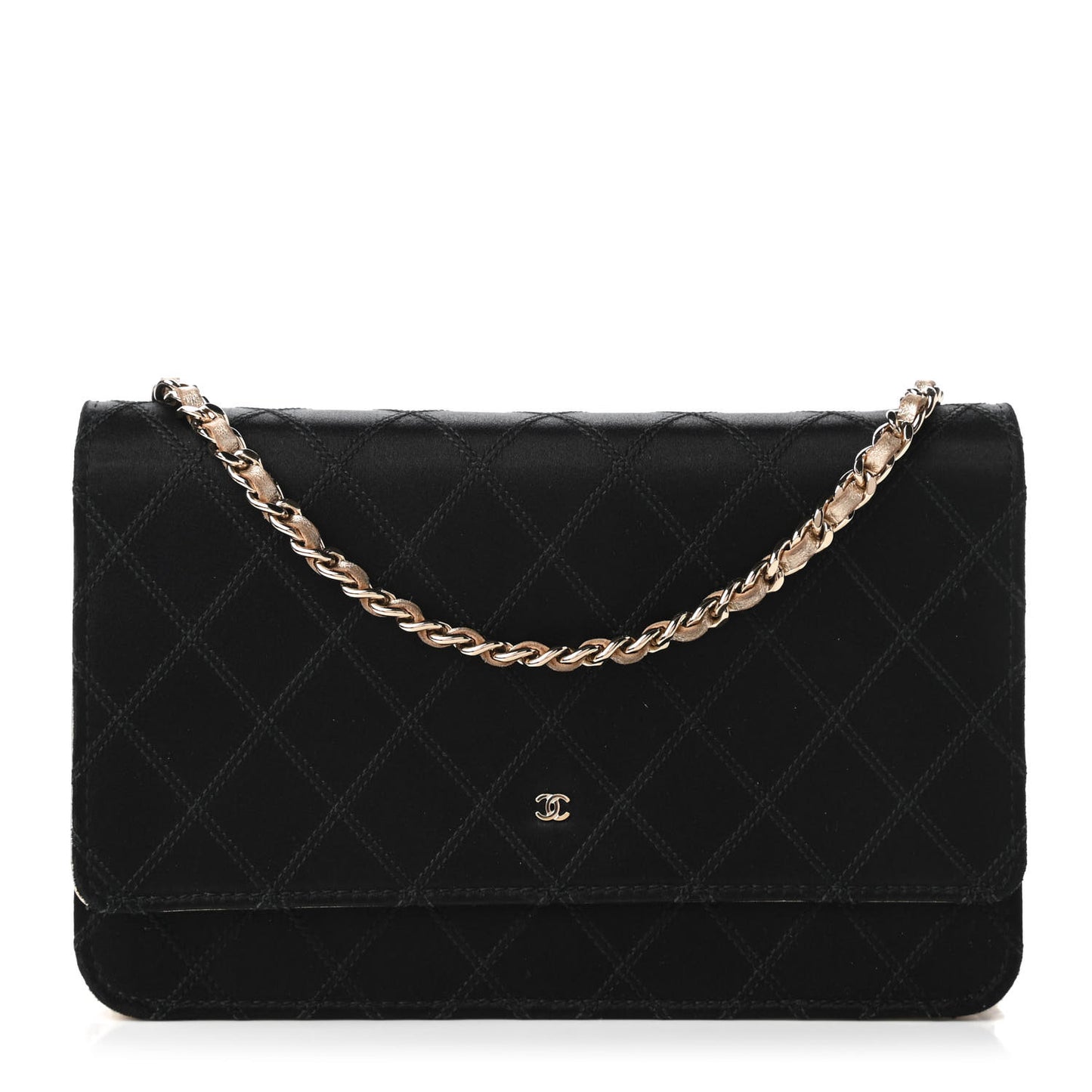 Satin Diamond Stitch Wallet On Chain WOC Black Gold