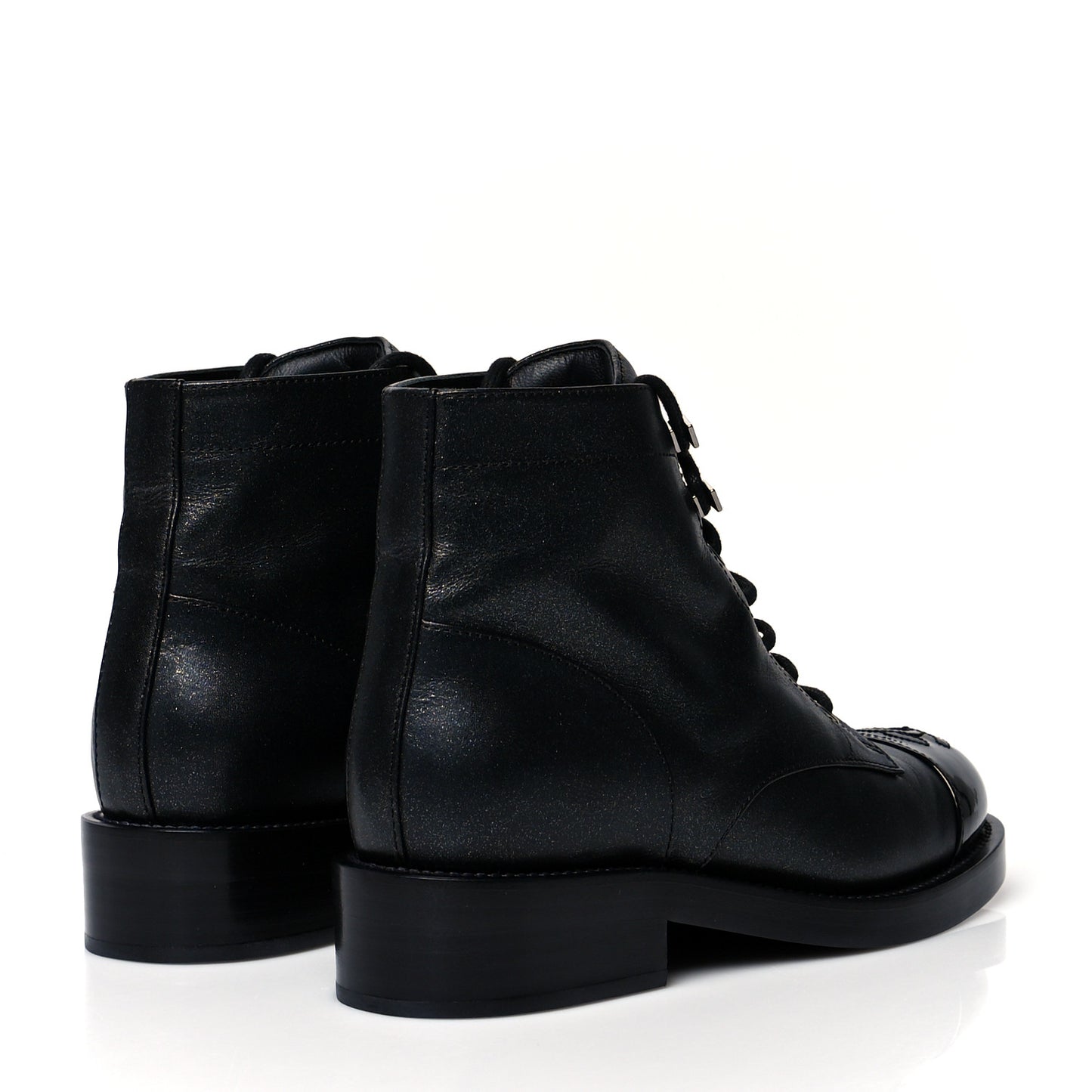 Iridescent Calfskin Patent Cap Toe Combat Boots 36 Black