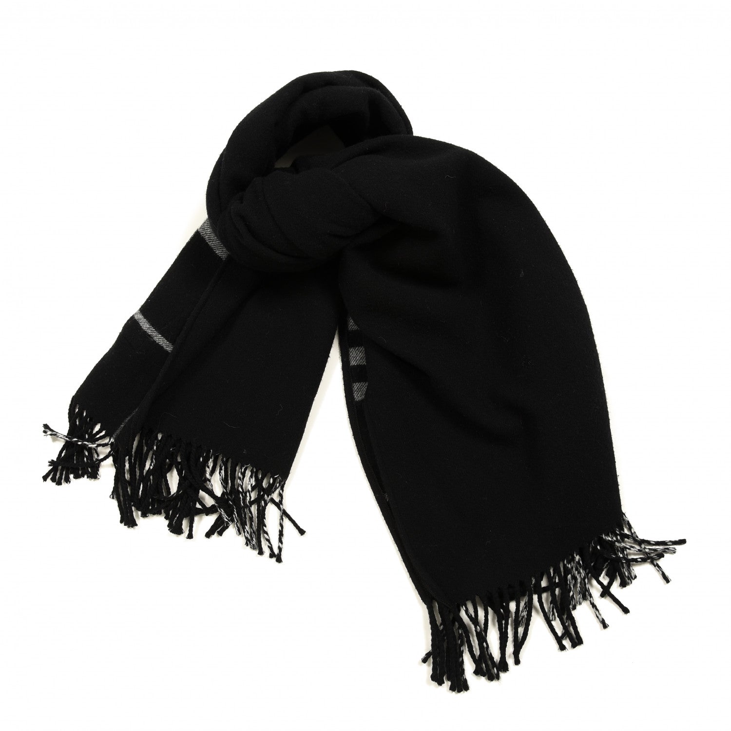 Burberry Merino Wool Cashmere Vintage Check Fringe Scarf Black 1 of 3