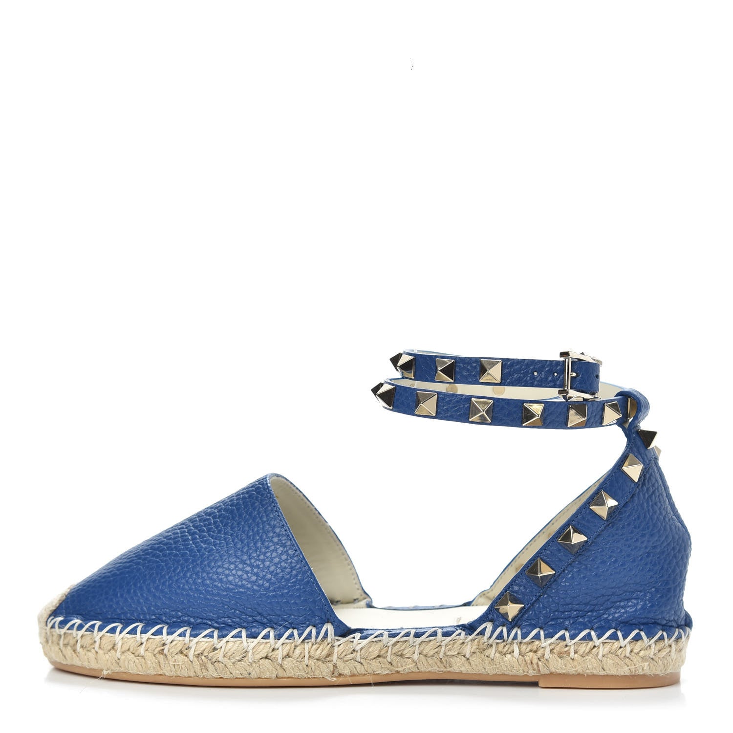 Valentino Garavani Grained Calfskin Rockstud Ankle Wrap Espadrille 20mm Flats 35 Blu Delft 1 of 10