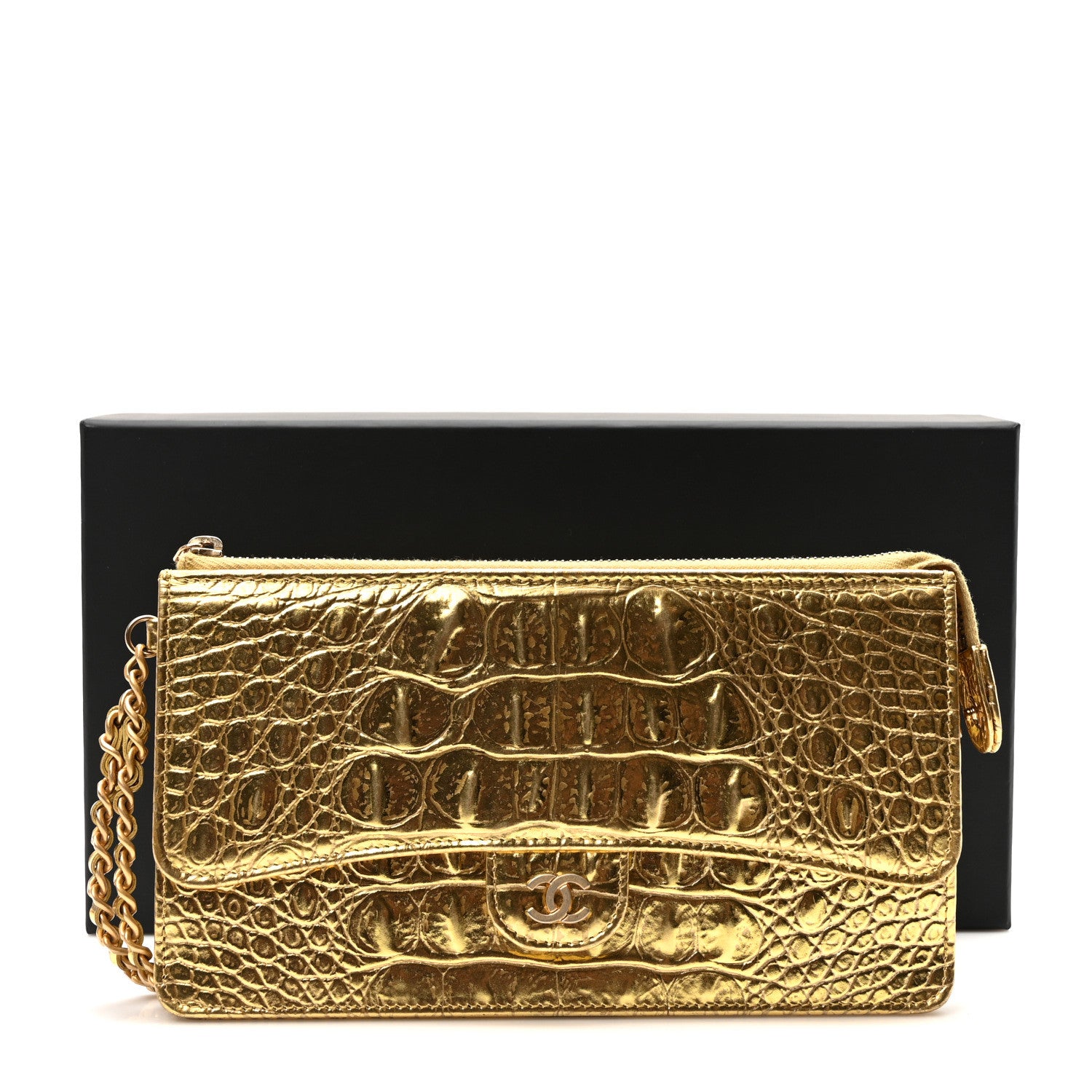 Chanel Calfskin Crocodile Embossed Cocodile Pouch With Chain Handle Gold 9 of 9