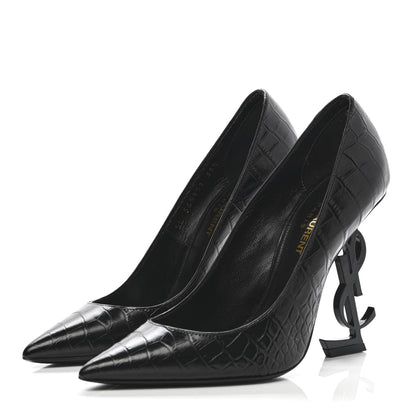 Saint Laurent Calfskin Crocodile Embossed Opyum 110 Pumps 35.5 Black 3 of 10