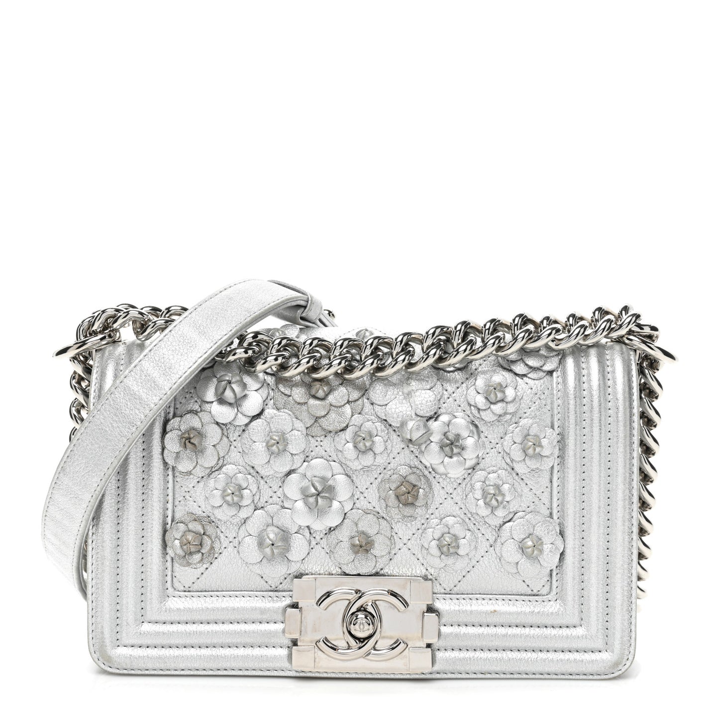 Metallic Calfskin Camellia Quilted Small Boy Flap Silver