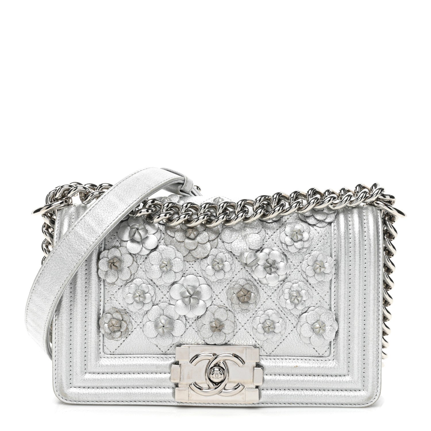 Chanel Metallic Calfskin Camellia Quilted Small Boy Flap Silver 1 of 18