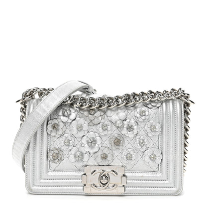 Chanel Metallic Calfskin Camellia Quilted Small Boy Flap Silver 1 of 18