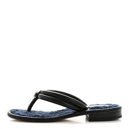 Chanel Lambskin Terry Cloth CC Thong Sandals 36 Black Dark Navy 1 of 11