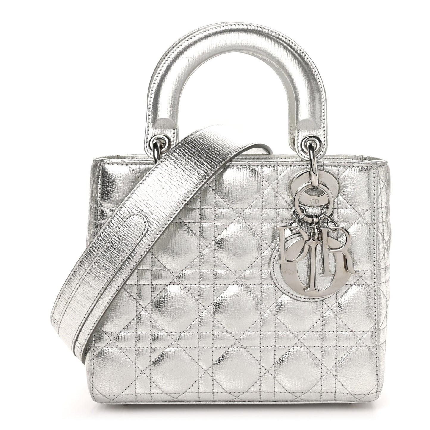 Metallic Grained Calfskin Cannage Small Lucky Badges My Lady Dior Silver