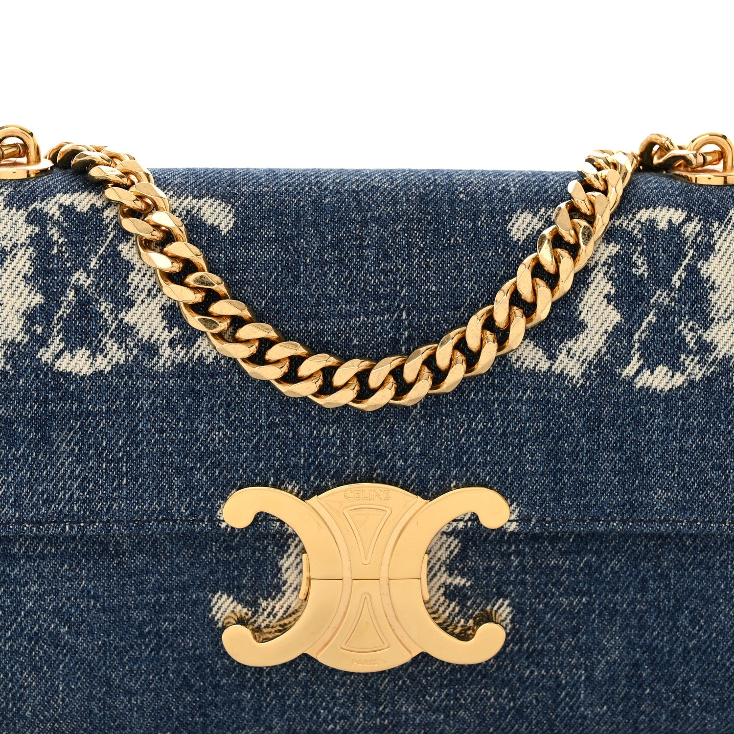 Celine Denim Triomphe Chain Shoulder Bag Navy Tan 1377887