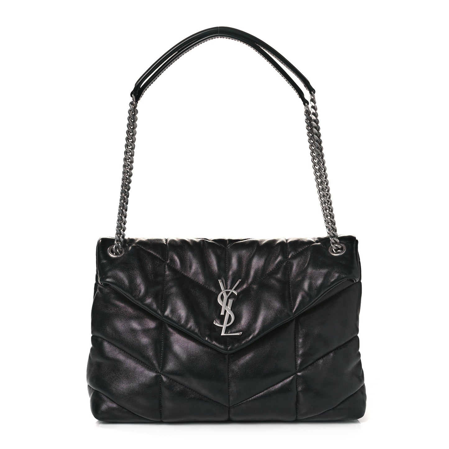 Lambskin Quilted Medium Loulou Puffer Monogram Chain Satchel Black