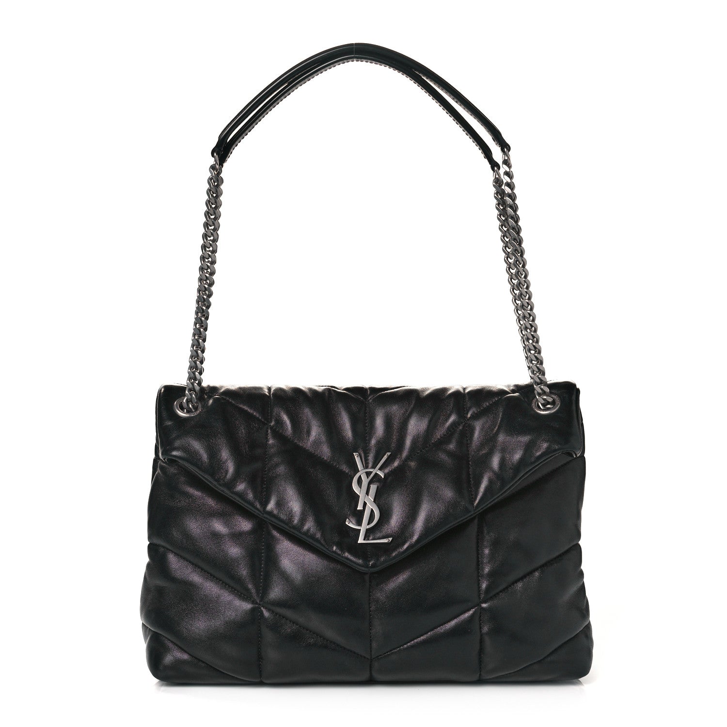 Saint Laurent Lambskin Quilted Medium Loulou Puffer Monogram Chain Satchel Black 1 of 10