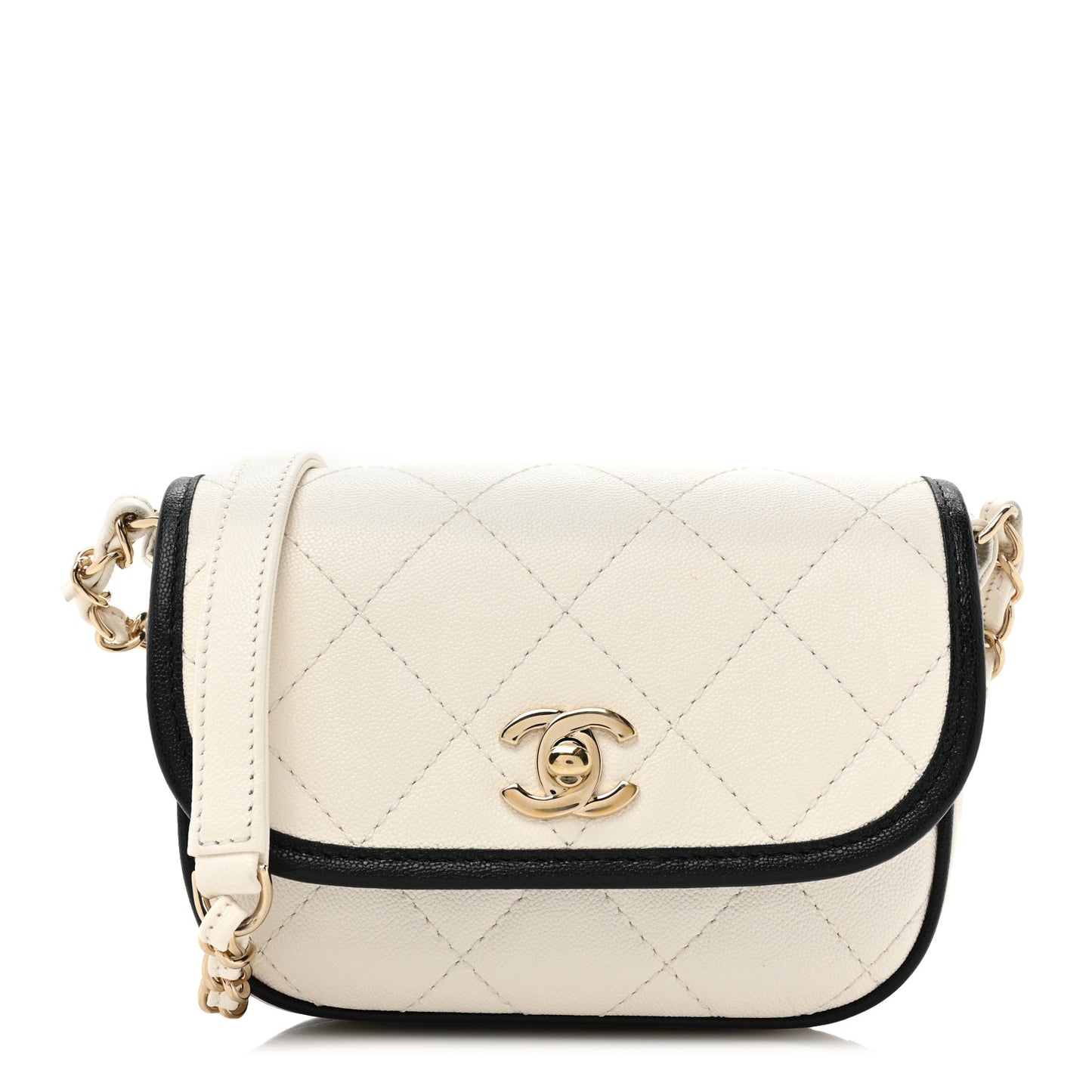 Caviar Quilted Mini Round Messenger Flap White Black