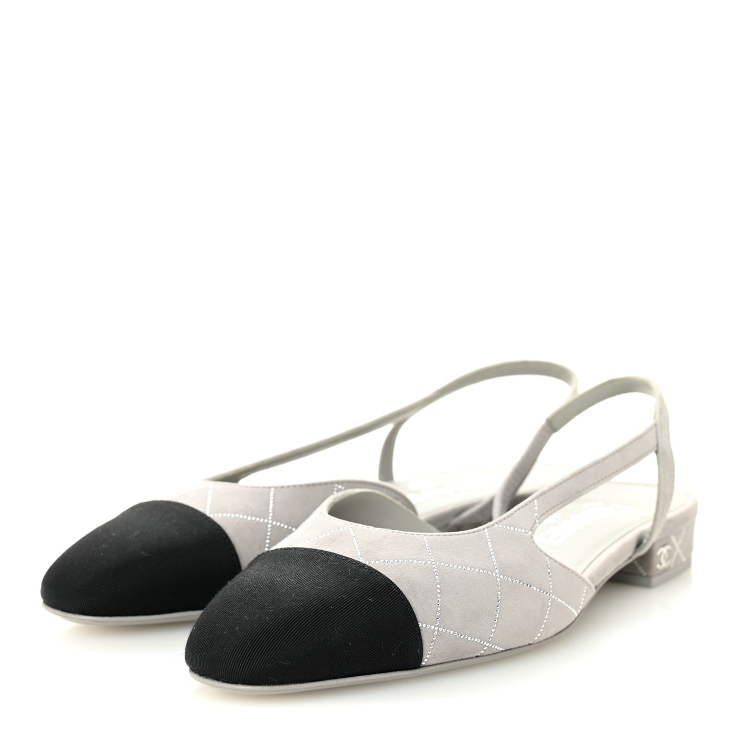 Suede Crystal Grosgrain Cap Toe CC Slingback Flats 36 Gray Silver Black