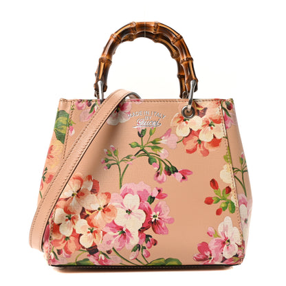 Gucci Shangai Calfskin Blooms Print Mini Bamboo Shopper Tote Pink Apricot Multicolor 1 of 10