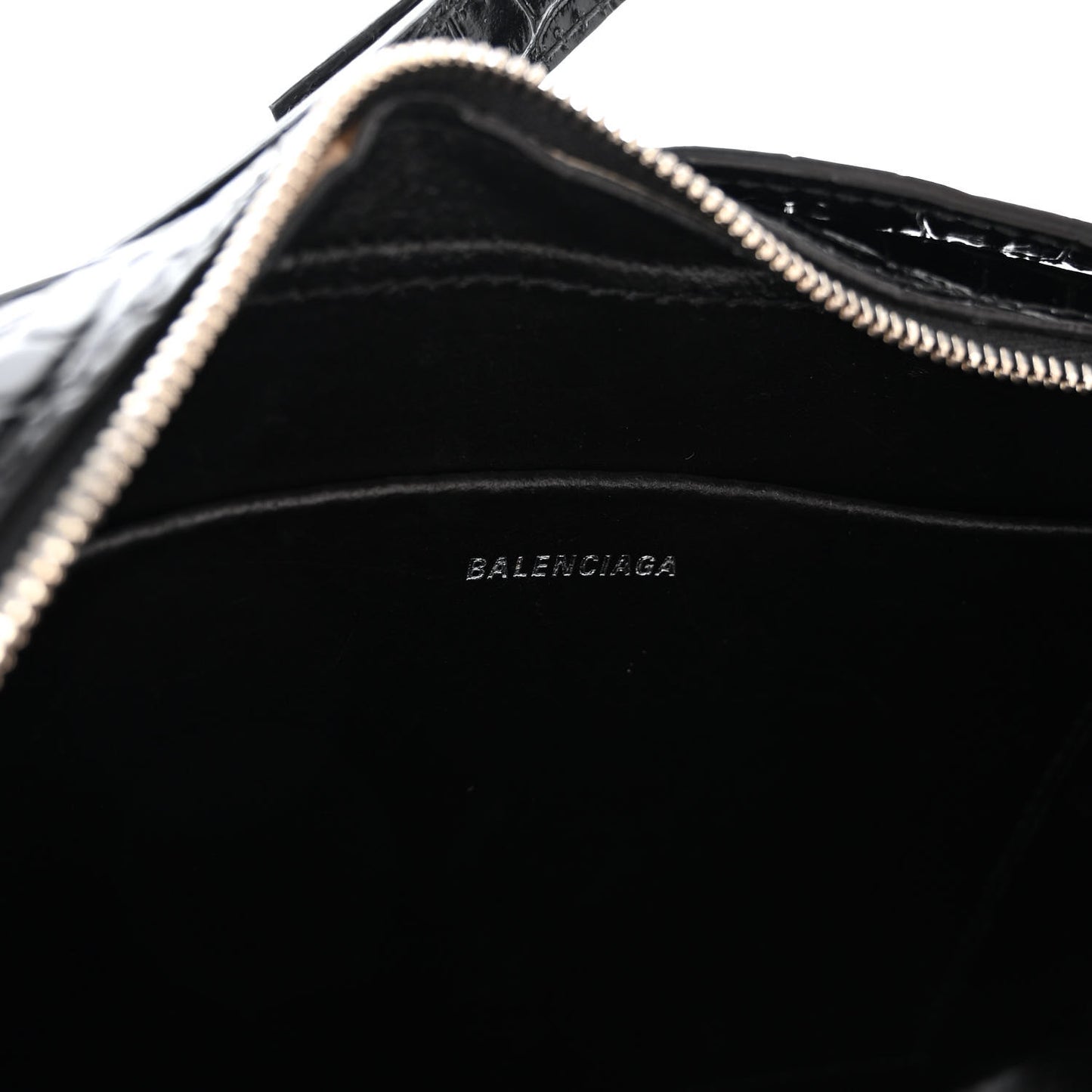 Shiny Calfskin Logo Crocodile Embossed S Everyday Camera Bag with Handle Black