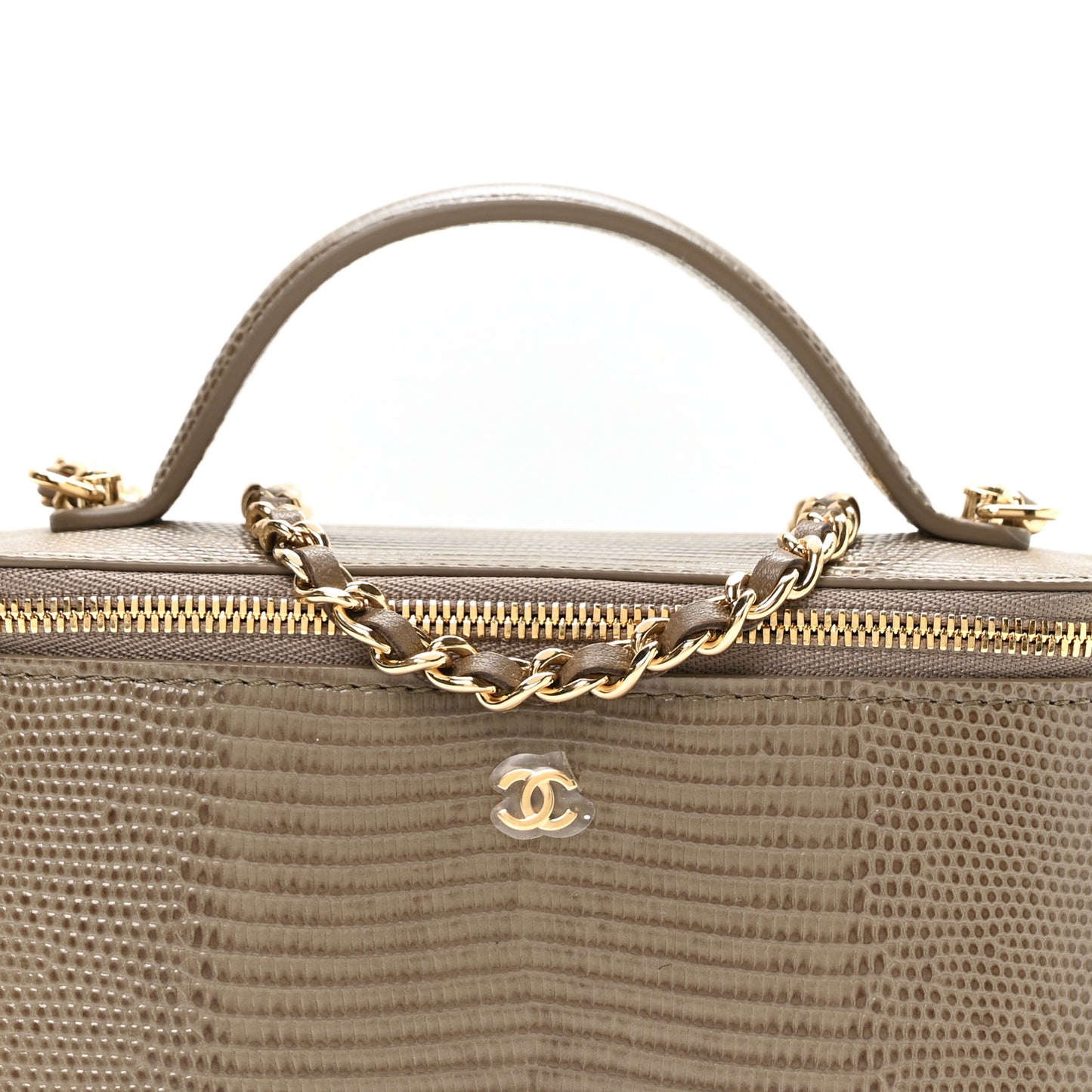 Calfskin Lizard Embossed Top Handle Vanity With Chain Dark Khaki
