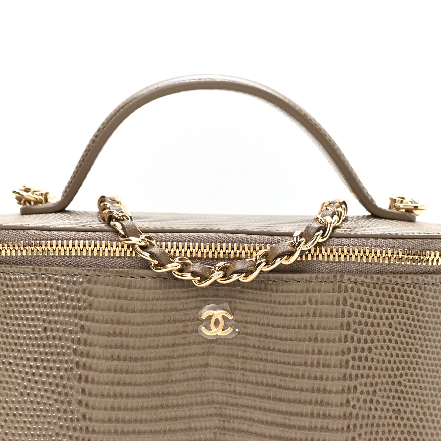 Chanel Calfskin Lizard Embossed Top Handle Vanity With Chain Dark Khaki 9 of 12