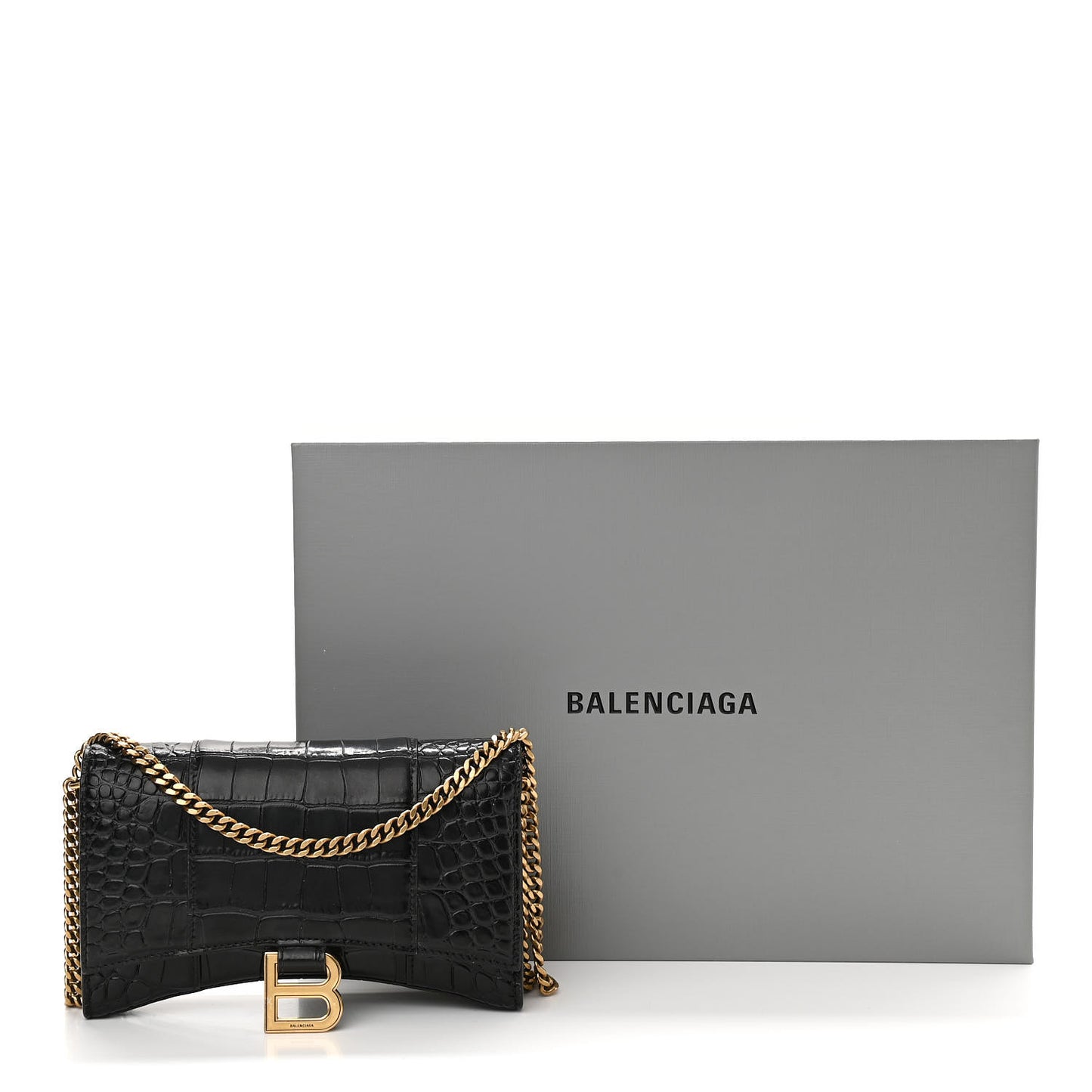 Shiny Calfskin Crocodile Embossed Hourglass Chain Bag Black