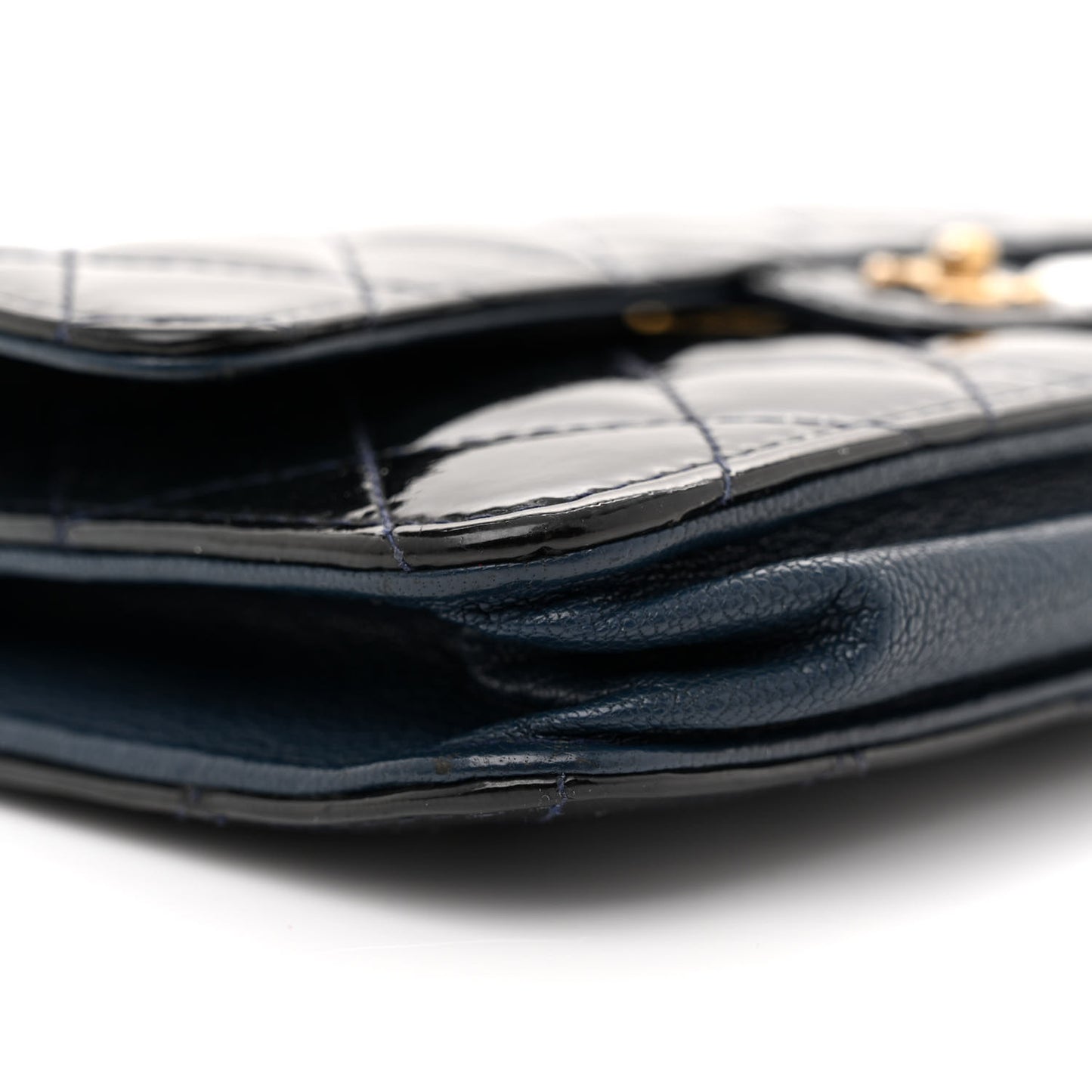 Patent Goatskin Quilted CC Eyelet Wallet On Chain WOC Blue